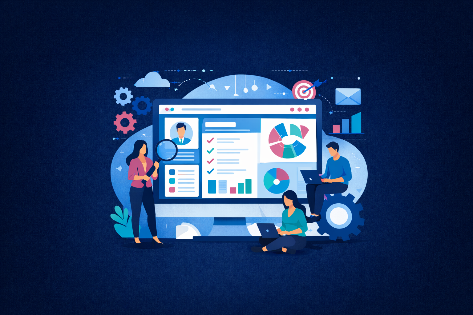 A team reviewing a CRM dashboard with pipeline stages, contact records and reporting charts